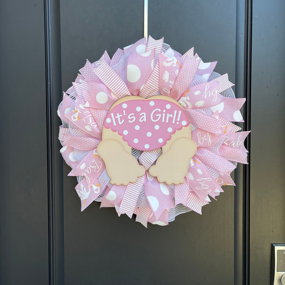 Mesh Baby Shower Wreath for Girl, Baby Announcement Wreath for Front