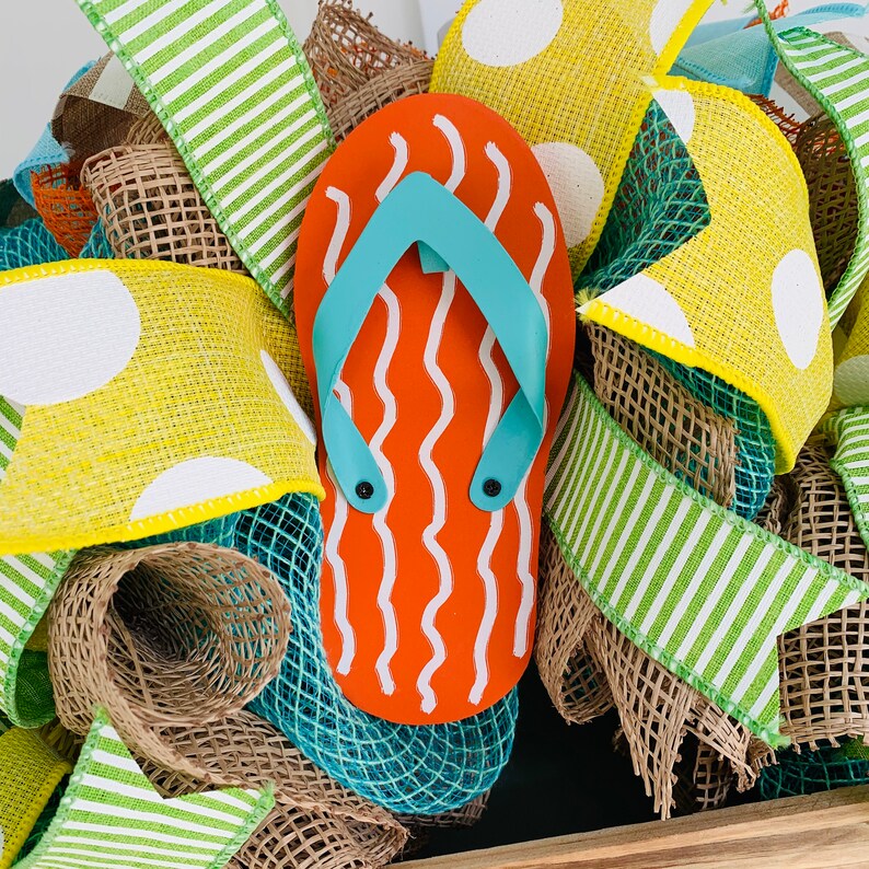 Fabric Deco Mesh Wreath for Front Door Flip Flop Wreath Summer Wreath