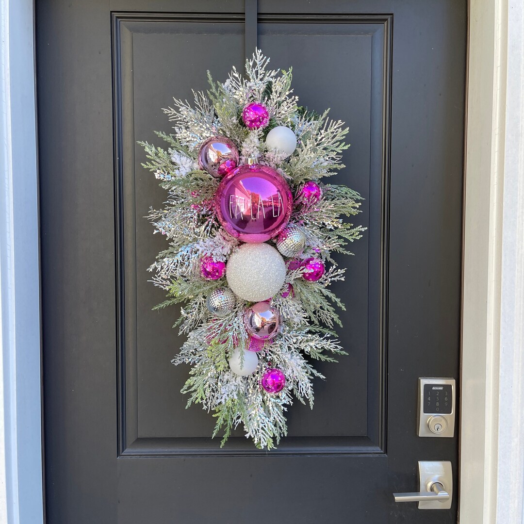Pink Christmas Wreath Swag, Glitter Christmas Wreath for Front Door ...