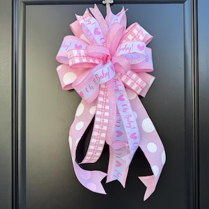 Baby Shower Bow, Baby Girl Wreath Bow, Oh Baby Mailbox Bow, Pink and White Baby Home Decor