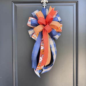 Blue & Orange Fall Wreath Bow: Pumpkin and Foliage Autumn Home Decor