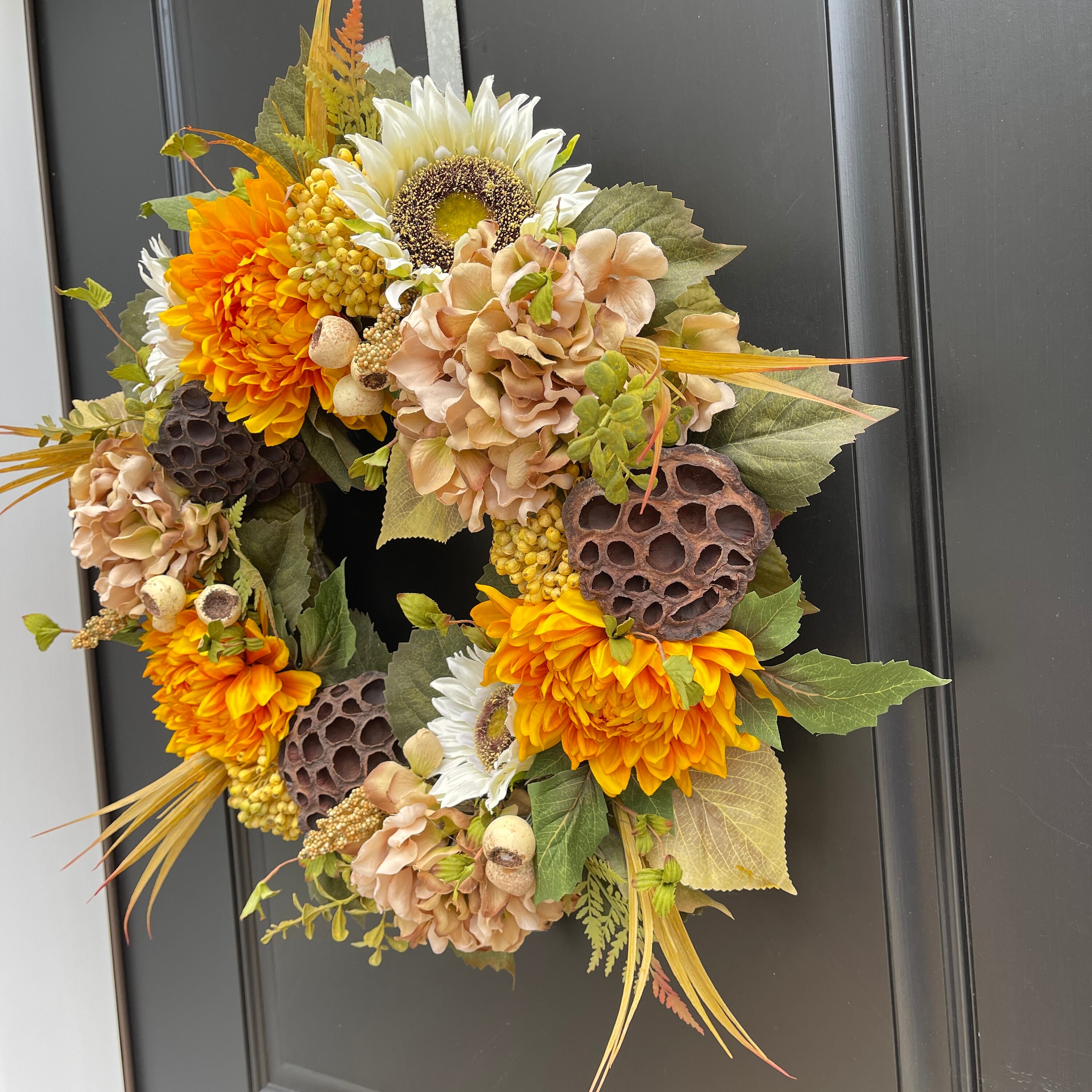 Fall Hydrangea and Lotus Pod Wreath White Sunflower Wreath Etsy