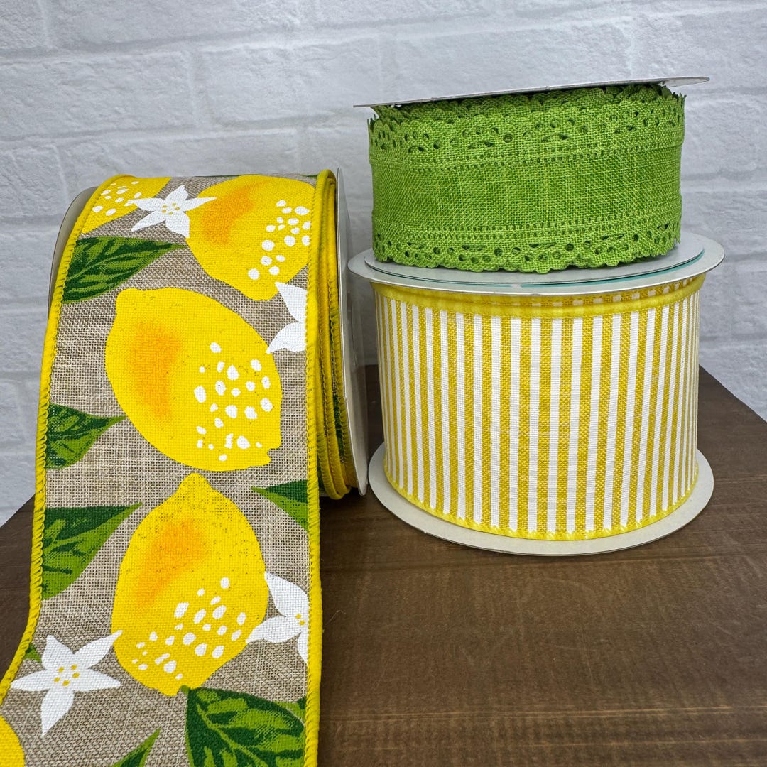 Lemon Ribbon Roll or Bundle, Yellow and Green Fruit Ribbons, Wired Edge ...