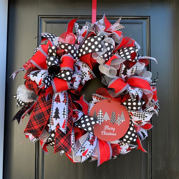 Buffalo Plaid Deco Mesh Wreath Red White and Black Merry Etsy