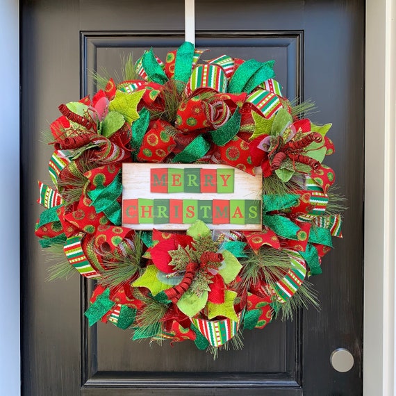 Merry Christmas Red and Green Striped Ribbon Wreath Handmade Deco Mesh