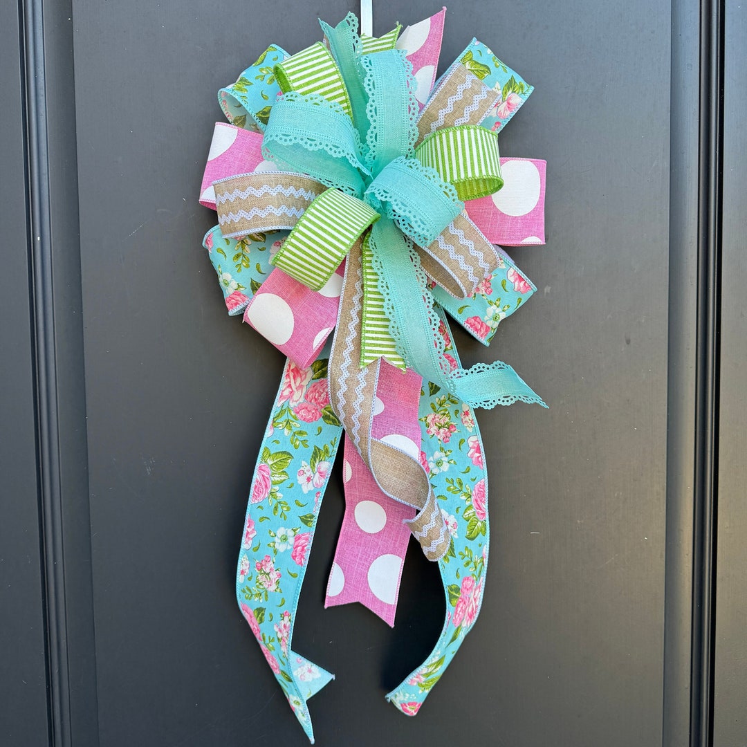 Teal and Pink Floral Wreath Bow: Spring Home Decor - Etsy