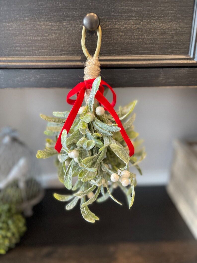 Hanging Mistletoe Bundle, Frosted Mistletoe with White Berries, Winter and Holiday Home Decor Red