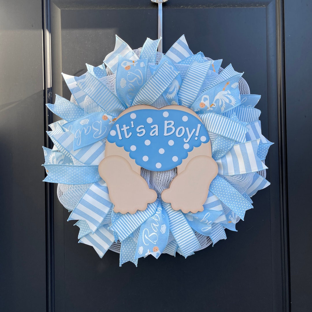 Mesh Baby Shower Wreath for Boy, Baby Announcement Wreath for Front
