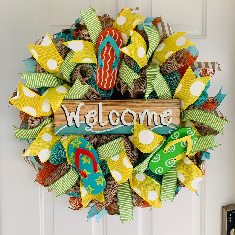 Fabric Deco Mesh Wreath for Front Door Flip Flop Wreath Summer Wreath