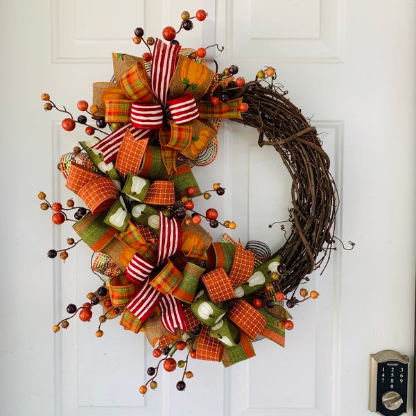 Fall Pumpkin and Berries Wreath, Autumn Ribbon Wreath for Front Door