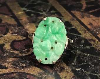 Vintage zilveren doorboorde hand gesneden jade ring