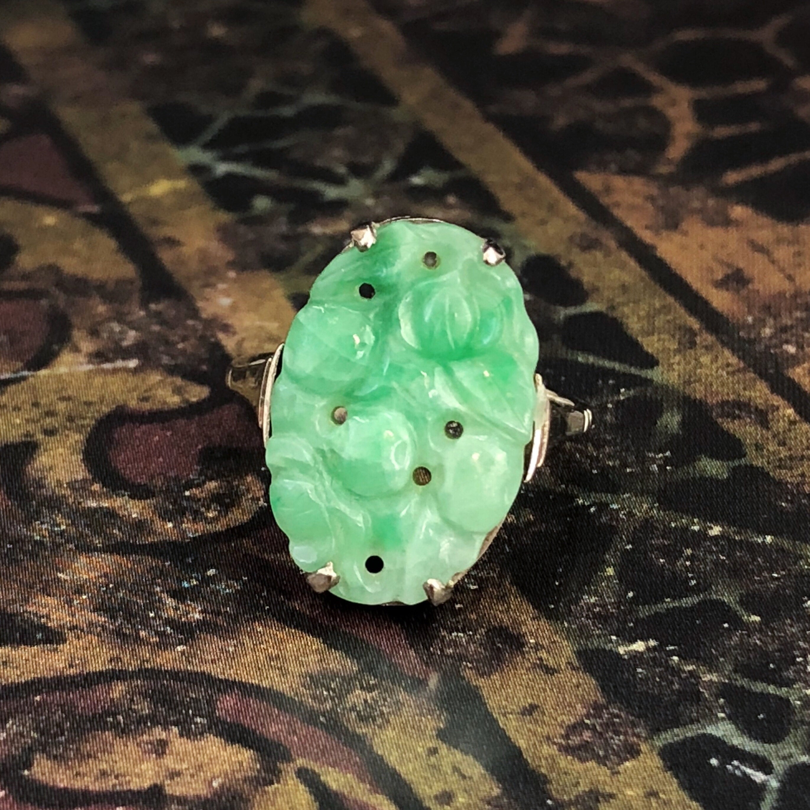 Bague Ancienne En Jade Sculpté Plaqué Argent 925 - Taille Réglable, Style Cocktail