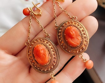 A Pair of Antique Gold and Coral Cameo Pendant-Earrings