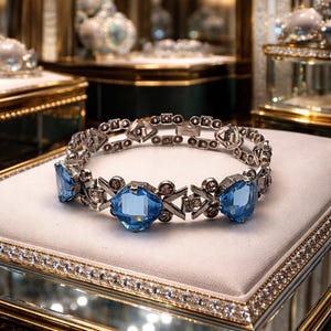May include: Silver-toned bracelet featuring three large, square-cut, light blue gemstones. The bracelet has a geometric design with smaller, round, and triangular accents. The jewelry is displayed on a white surface within a decorative, mirrored box.