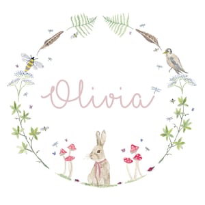 Hopping Bunny ~ Personalised Illustrated Watercolour Wreath Print