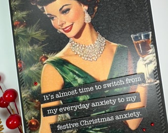 Funny Christmas Anxiety Card: Sarcastic Retro Holiday Handmade Greeting