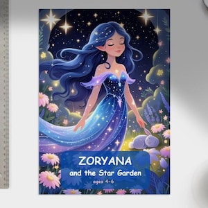 Puede incluir: Portada de libro infantil con una niña de largo cabello azul y un vestido estrellado en un jardín mágico. El título es "ZORYANA y el Jardín de las Estrellas" con la edad 4-6. La ilustración incluye estrellas, flores y un conejo.