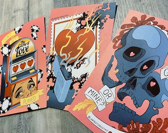 Set of 3 Illustrated Valentines Postcards