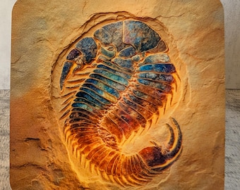 Trilobit Fossil Untersetzer – Bunte Sandstein Versteinerte Kunst | Einzigartige Abstrakte Stein Dekor aus Keramik oder MDF