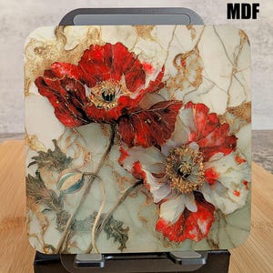 Luxury Floral Coaster Set – Red and White Poppies in Stained Glass Style, 4x4" Ceramic with MDF Option