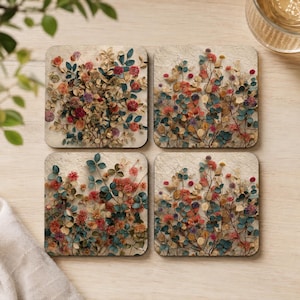 Boho Wildflower MDF-underlägg – korkbaksida, 10 cm fyrkantigt set (4 designer)