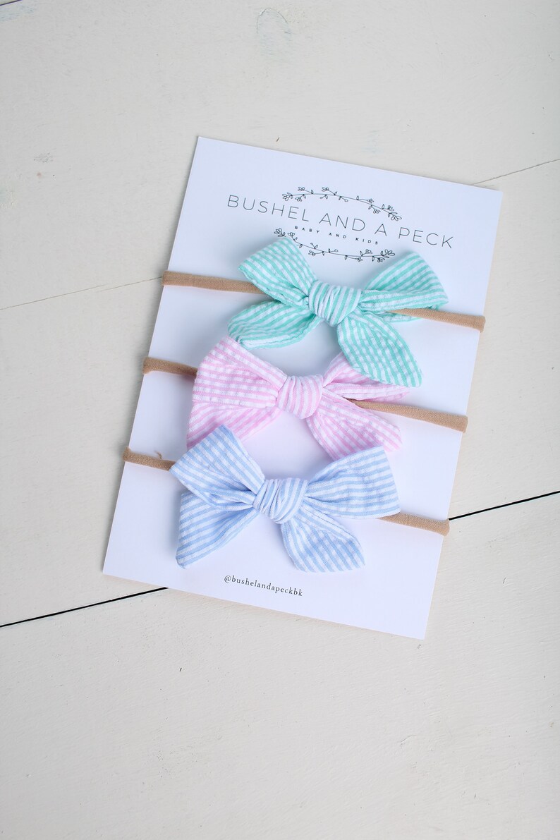 Mint Set of 3 Hand Tied Bows-Headbands or Clips /& Blue Seersucker Pink