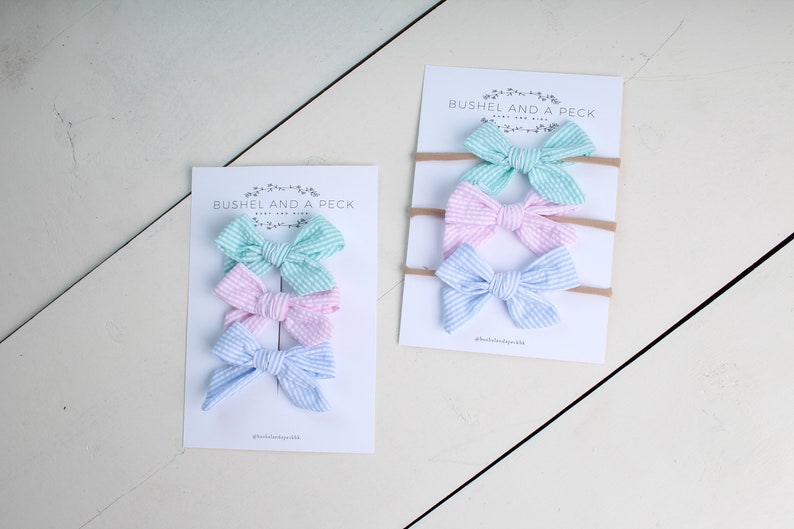 Mint Set of 3 Hand Tied Bows-Headbands or Clips /& Blue Seersucker Pink