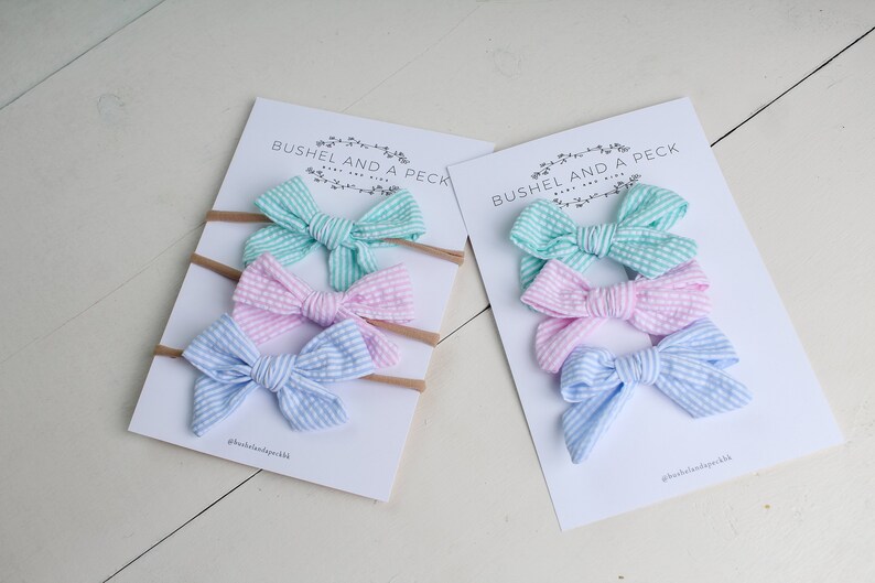 Mint Set of 3 Hand Tied Bows-Headbands or Clips /& Blue Seersucker Pink