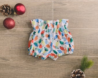 0-3m through 9-12m sage bloomers in Christmas lights; baby shorts; toddler bummies; high waisted infant bloomies; girl; paper bag