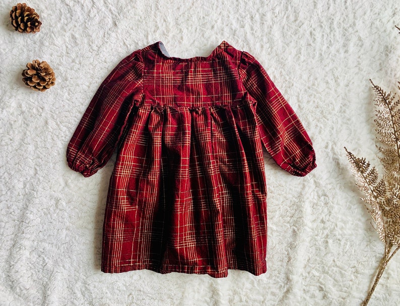 kinsey dress in metallic burgundy plaid; baby/'s first birthday outfit; toddler girl clothes; newborn; vintage inspired dress; red; green