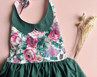 vestido lilou talla 3T listo para enviar; algodón verde y flores vintage