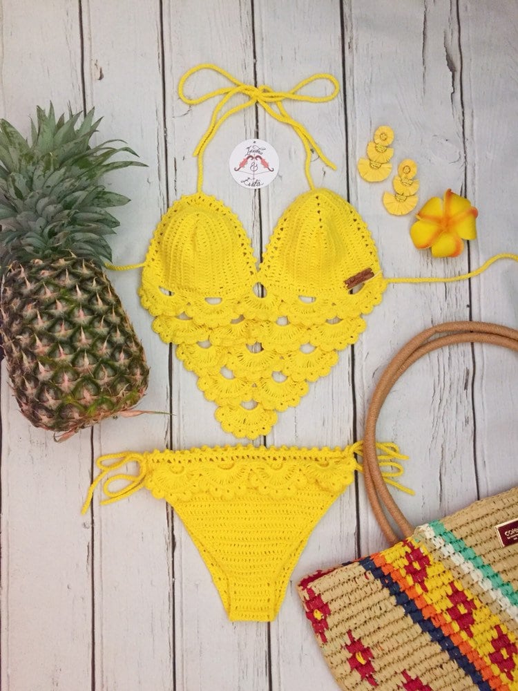 TAMIKA Crochet Bikini Scallop Crop Top Beach Set Yellow - Etsy Australia