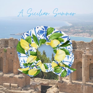 Op de afbeelding: Een wit en blauw gepatroneerd haar elastiek met gele citroenen en groene bladeren. Het elastiek is scherp en de achtergrond is een wazige afbeelding van een oud Romeins amfitheater.