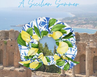 Sicilian Summer Italian Tile Lemon All Over Print Recycled Scrunchie