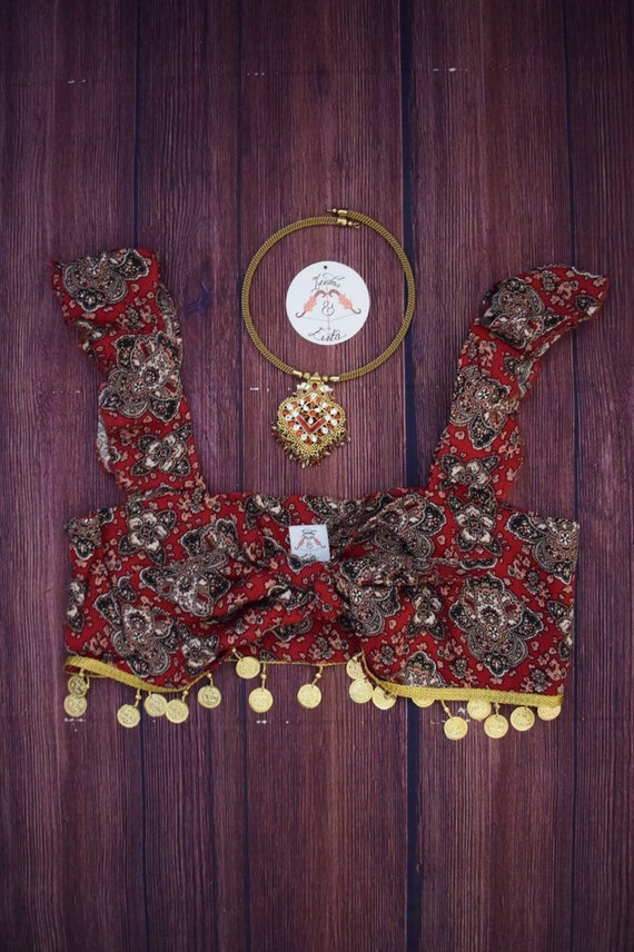 AISHA Paisley Print Tie Front Beaded Hippie Bralette Top 