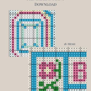 May include: A printable instant download needlepoint pattern featuring two grid charts. The charts display geometric and floral motifs using symbols like lightning bolts, Greek letters, euro signs, and triangles in blue, pink, and green colors.