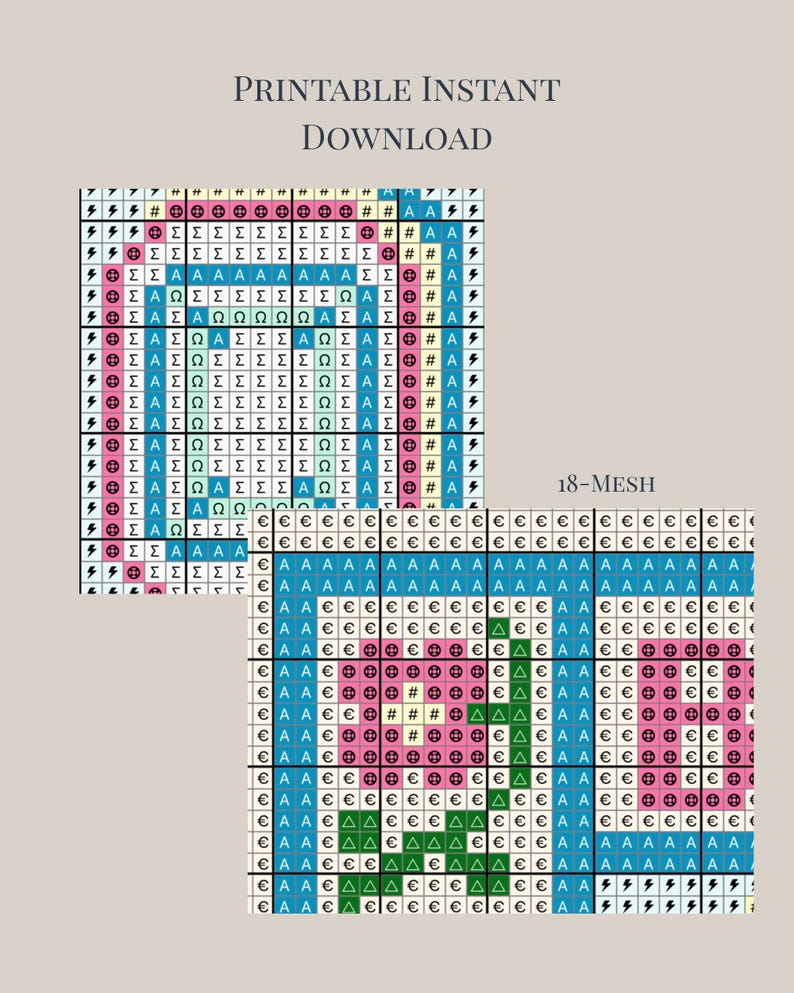 May include: A printable instant download needlepoint pattern featuring two grid charts. The charts display geometric and floral motifs using symbols like lightning bolts, Greek letters, euro signs, and triangles in blue, pink, and green colors.