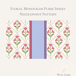 Puede incluir: Un patrón de punto de aguja titulado Floral Monogram Purse Insert Needlepoint Pattern que presenta una cuadrícula repetitiva de flores rosas con tallos verdes sobre un fondo crema, separadas por una franja central azul claro con bordes rosas y el logo West Loop Canvas Co.