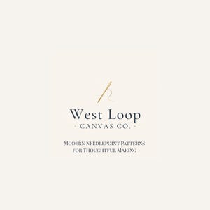 May include: A square logo on a cream background featuring a gold needle icon above the dark blue text West Loop CANVAS CO. and the smaller text MODERN NEEDLEPOINT PATTERNS FOR THOUGHTFUL MAKING centered below the brand name in a clean font.