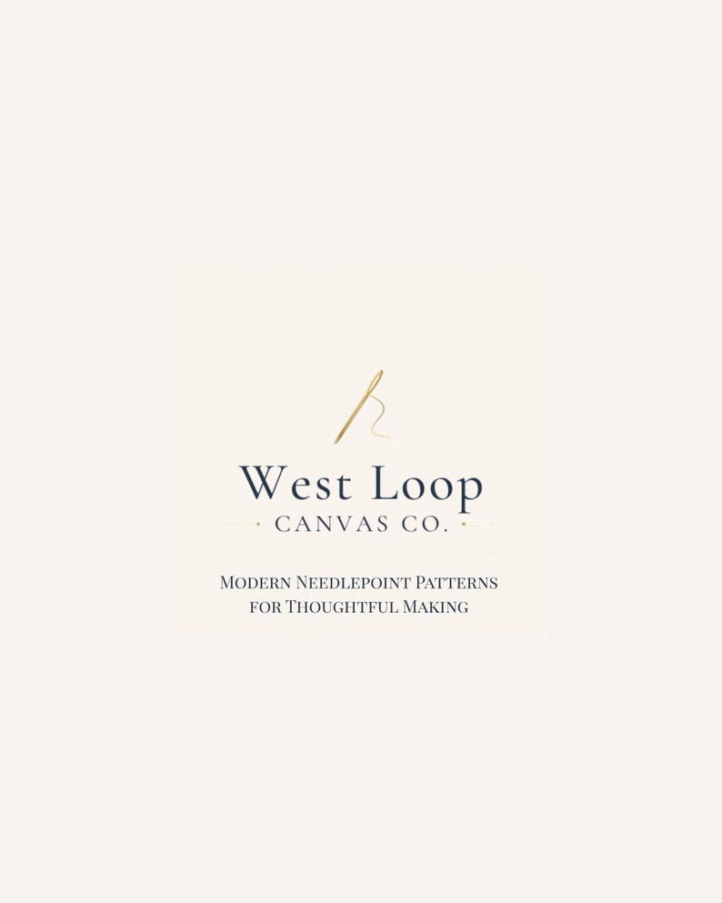 May include: A square logo on a cream background featuring a gold needle icon above the dark blue text West Loop CANVAS CO. and the smaller text MODERN NEEDLEPOINT PATTERNS FOR THOUGHTFUL MAKING centered below the brand name in a clean font.