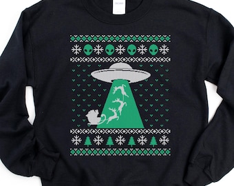 Alien ugly Christmas sweatshirt, alien sweater, flying saucer, alien spaceship, santa sleigh and reindeer ugly christmas sweater