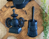 Vintage cast iron kitchen wall hangings 3 Mid Century decor black coffee mill grinder butter churn bellow miniature country farmhouse decor