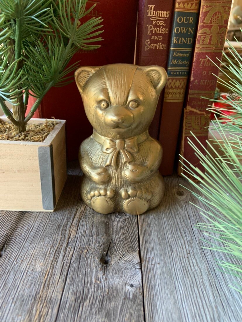 Vintage Solid Brass Teddy Bear Statue Bear with Bow tie brass Etsy