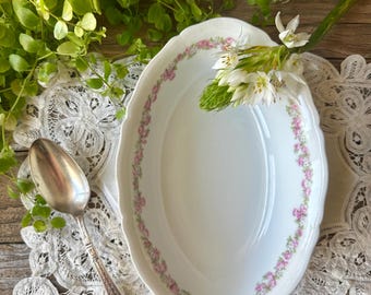 Antique Vienna Austria Porcelain Vegetable   Bowl | Pink and White Floral Garland Scalloped Edge |