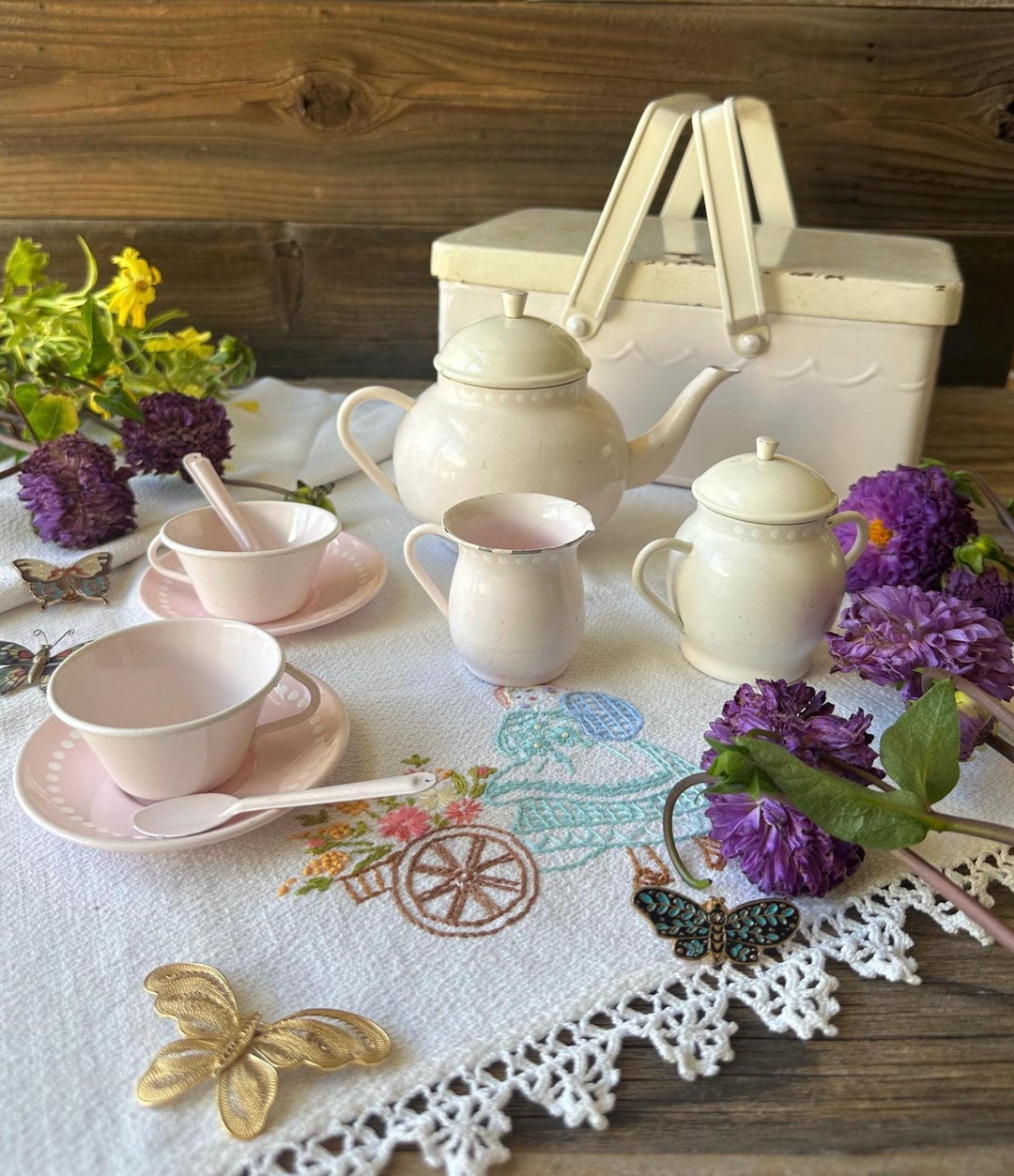 Vintage Kids Tea Set: Rustic Pink Enamel With Metal Basket - Etsy