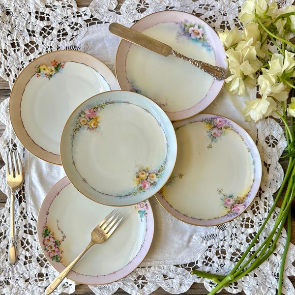 Set of 5 Antique Floral Bread/Dessert Plates Handpainted Made in Germany and Japan | Pastel Rimmed Small Floral Plates | Tea Sandwich Plates