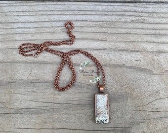 Brown & White Genuine Cowhide 24” Antique Bronze Chain  Pendent Necklace with Faux Silver Druzy Accent