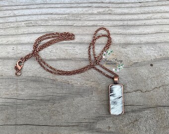 Genuine Black & White Cowhide 24” Long Antique Bronze Chain Pendent Necklace