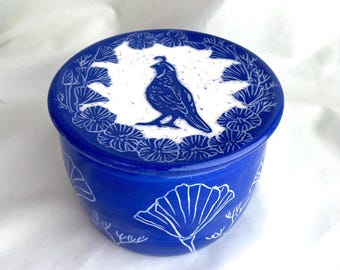 Porcelain California Quail  and Poppy French Butter Keeper