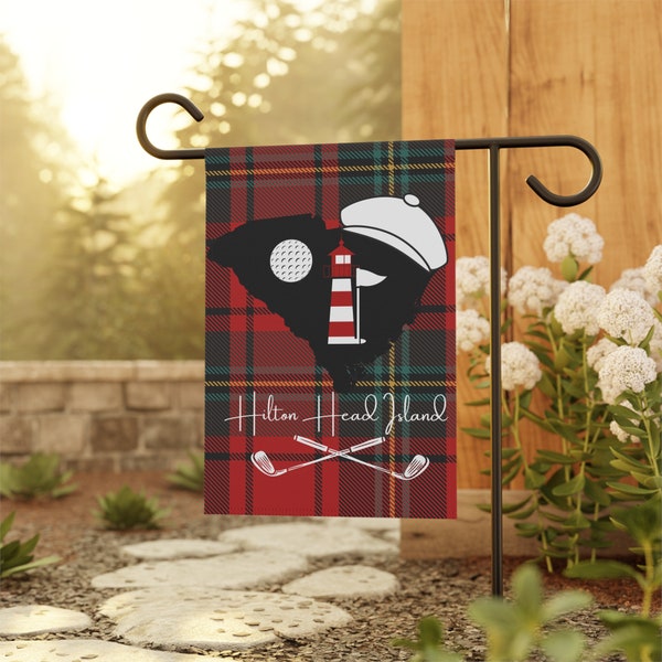 Hilton Head Island Red Plaid South Carolina State and Lighthouse Garden & House Banner Flag, Golf Ball with Golf Hat on